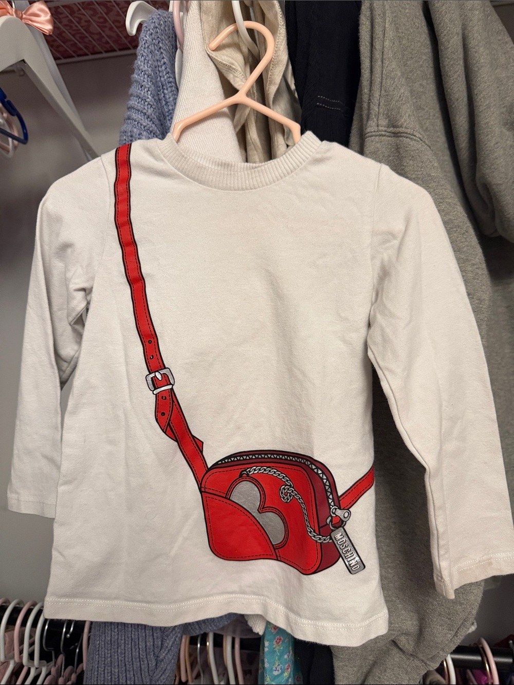 Moschino Cream Long-Sleeve Top with Red Crossbody Print